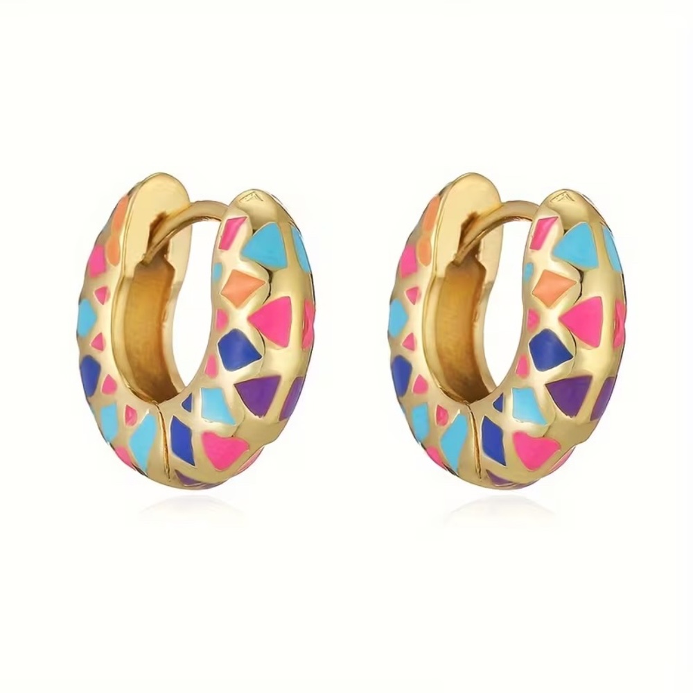 Vibrant multicolor Geometric Enamel Huggie Hoop Earrings